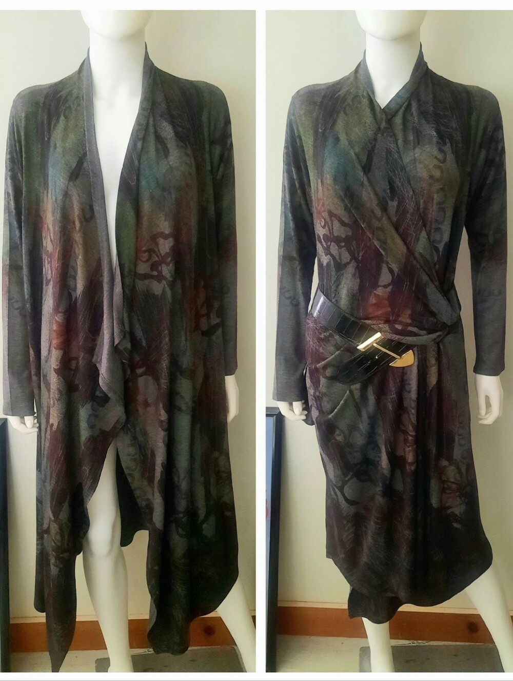 INOAH Draped Front Printed Knit Long Cardigan/Duster w/Pockets Gray/Multi Sz S